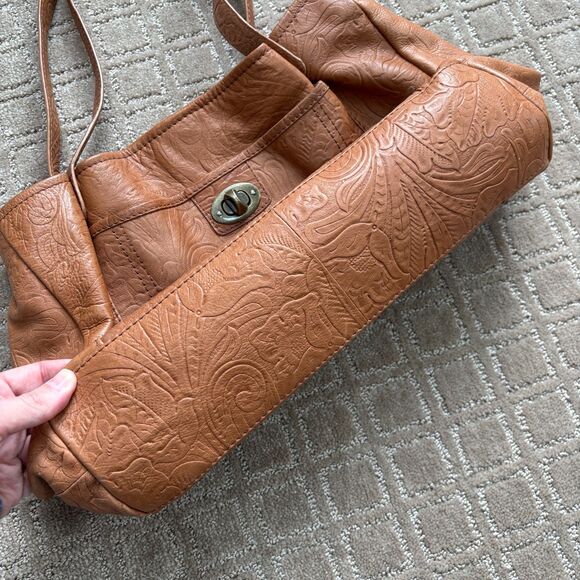 American Leather Tooled Leather Wylie Satchel Shoulder Bag Tan Brown Ornate EUC - Picture 5 of 13